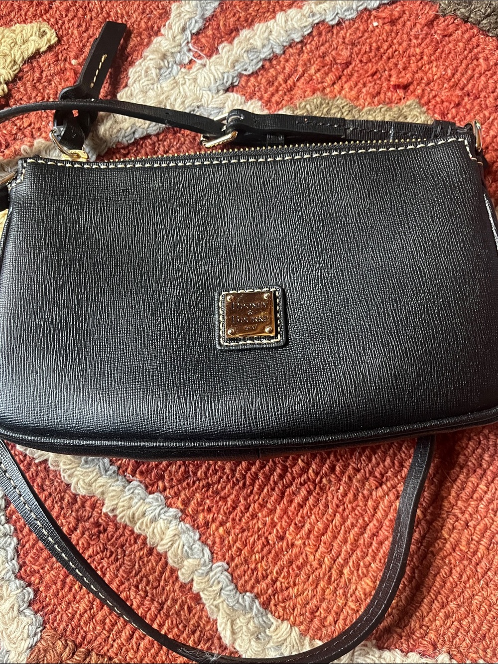 Dooney & Bourke Black Leather Crossbody Bag with Gold Plaque